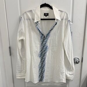 Fendi White Monogram Linen Button down Shirt White and Blue Design